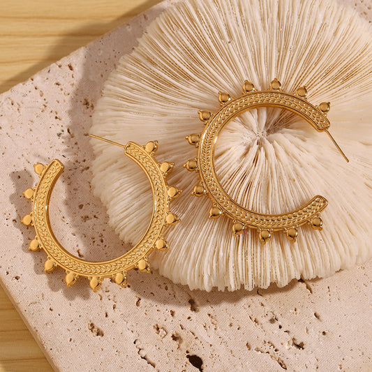 Orecchini a cerchio geometrici da donna in acciaio inossidabile placcato oro 18 carati con motivo a spiga di grano, stile minimalista bohémien