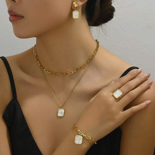 Luxury Minimalist Square Geometric Copper Plated Bracelet Necklace Earrings Ring Set for Women