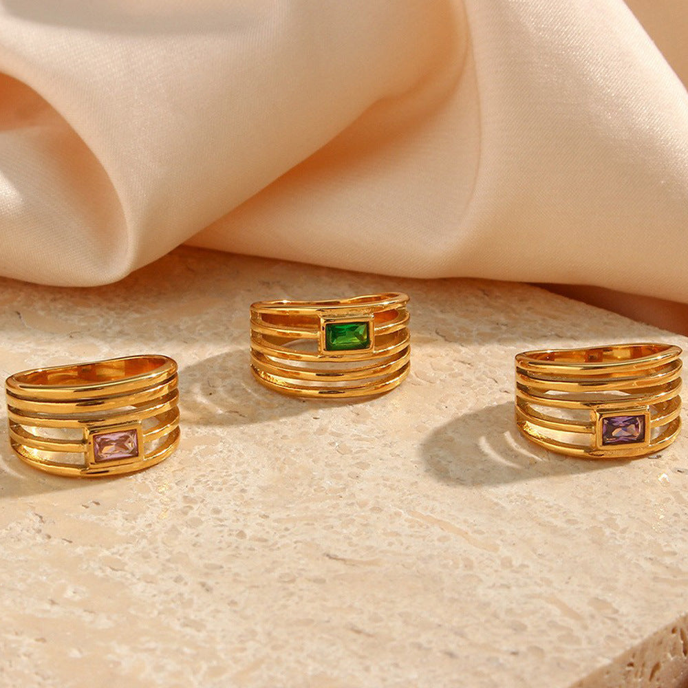 Minimalist Geometric Stainless Steel Ring with 18K Gold Plating and Hollow-Out Design Set with Zircon Inlays