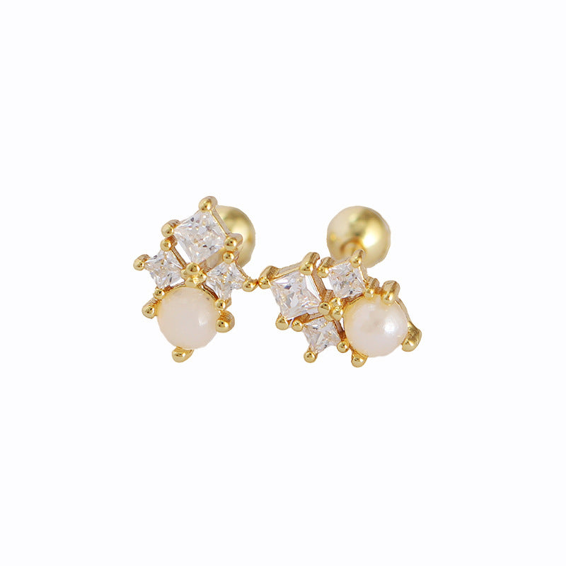 Orecchini da donna geometrici minimalisti a lobo, a vite, con zirconi quadrati in argento sterling S925 con finitura galvanica