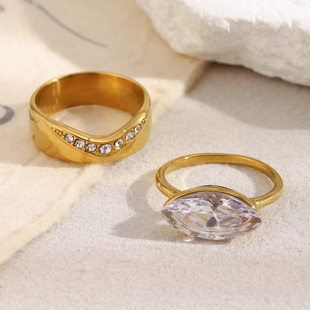 Minimalist Geometric Stainless Steel Ring with 18K Gold Plating and Colored Zirconia for Women