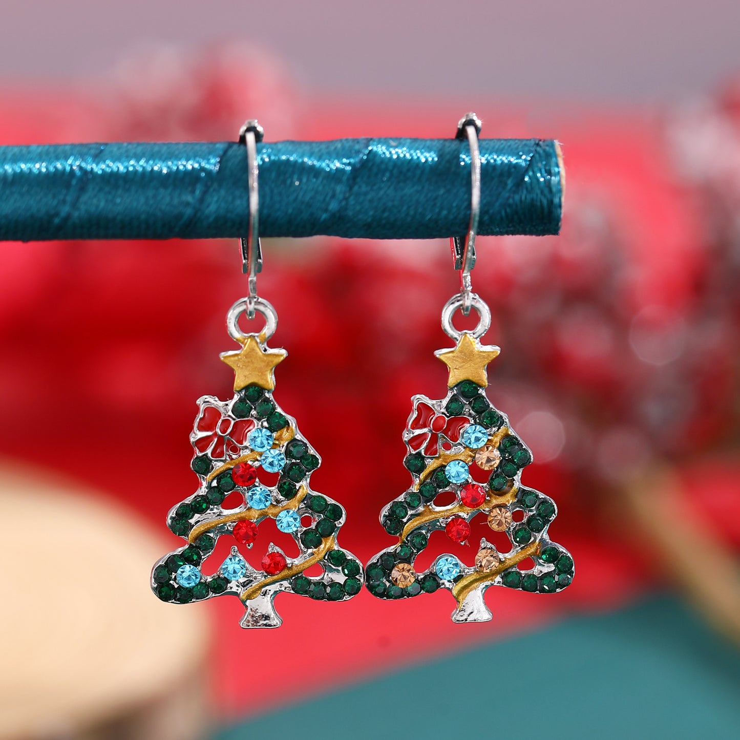 Orecchini da donna con strass in smalto a forma di fiocco rosso e stella in lega per albero di Natale
