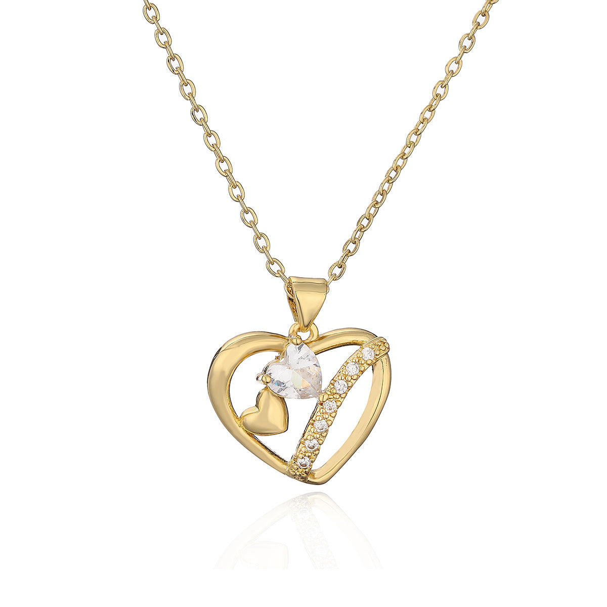 Collana Minimalista con Pendente a Cuore in Rame, Placcatura in Oro Vero e Accenti di Zirconi per Donna