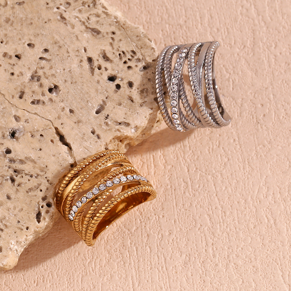 Minimalist Geometric Stainless Steel Ring with 18K Gold Plating, Interwoven Hollow Design and Rhinestone Accents for Women