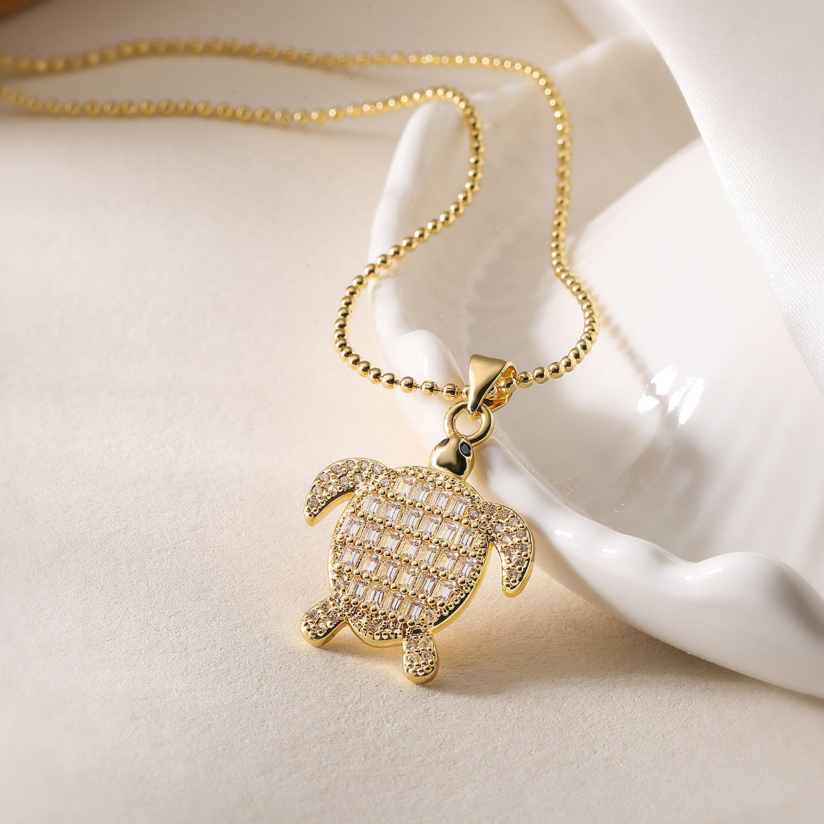 Minimalist Turtle Pendant Necklace for Women with Copper Base Plated in 18K Gold and Zircon Inlay