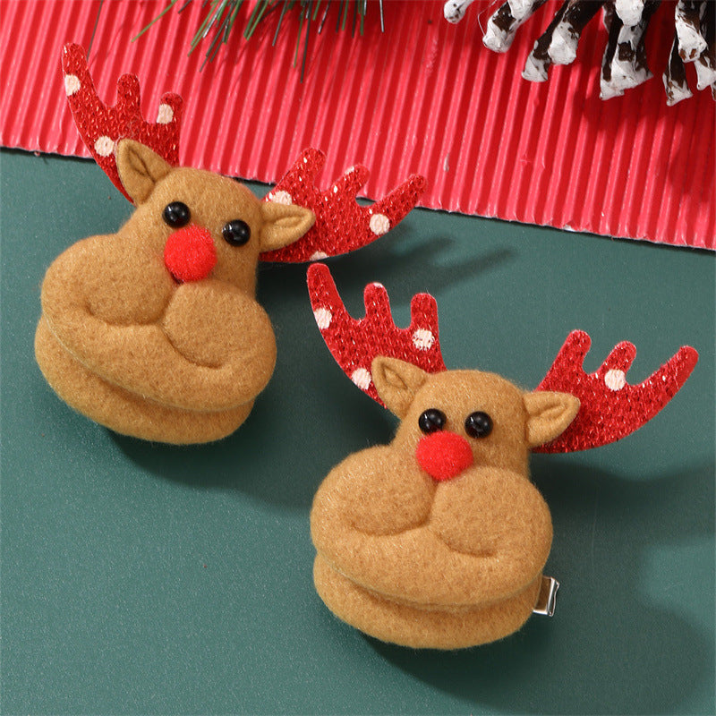 Natural Style Christmas Reindeer Hair Clip for Kids with Bow and Ruffled Mesh Design Plastic Resin Duckbill Hairpin
