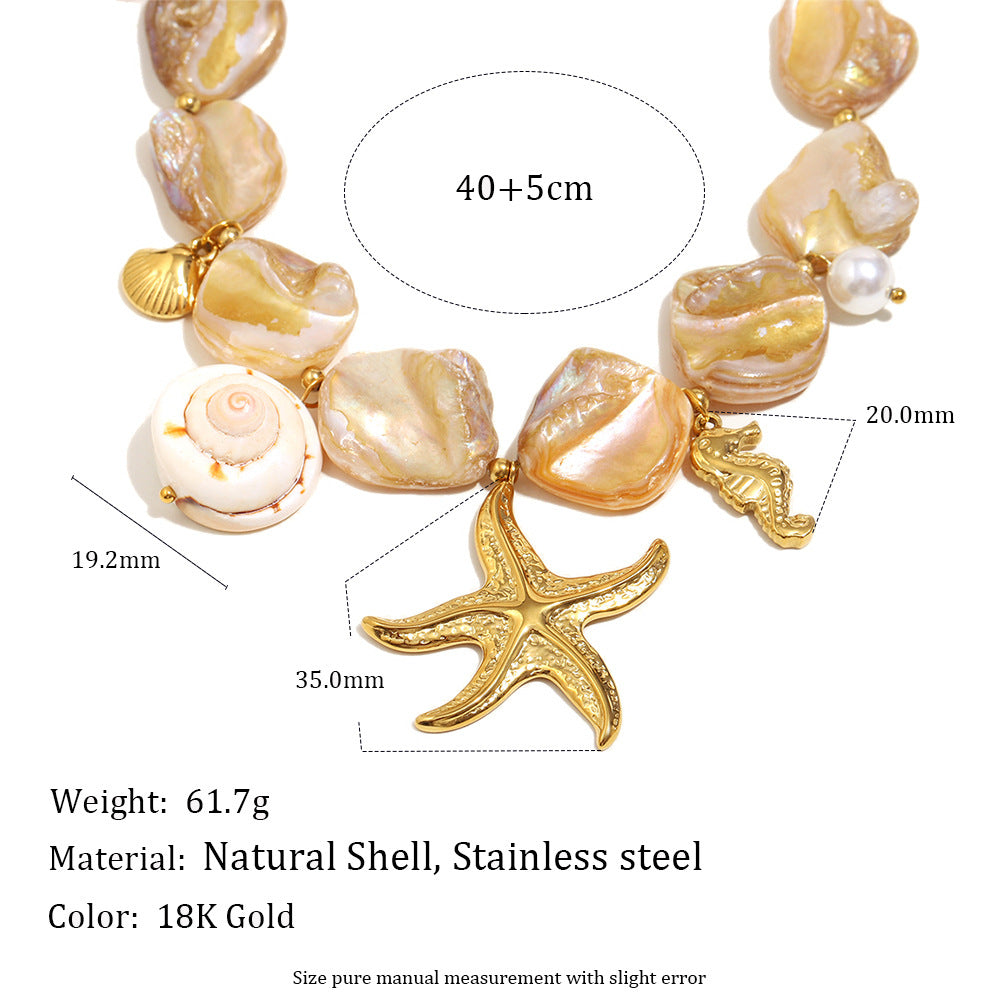 Luxury Bohemian Ocean-Inspired Geometric Pendant Necklace for Women Stainless Steel with 18K Gold Plating Featuring Starfish and Seahorse Charms