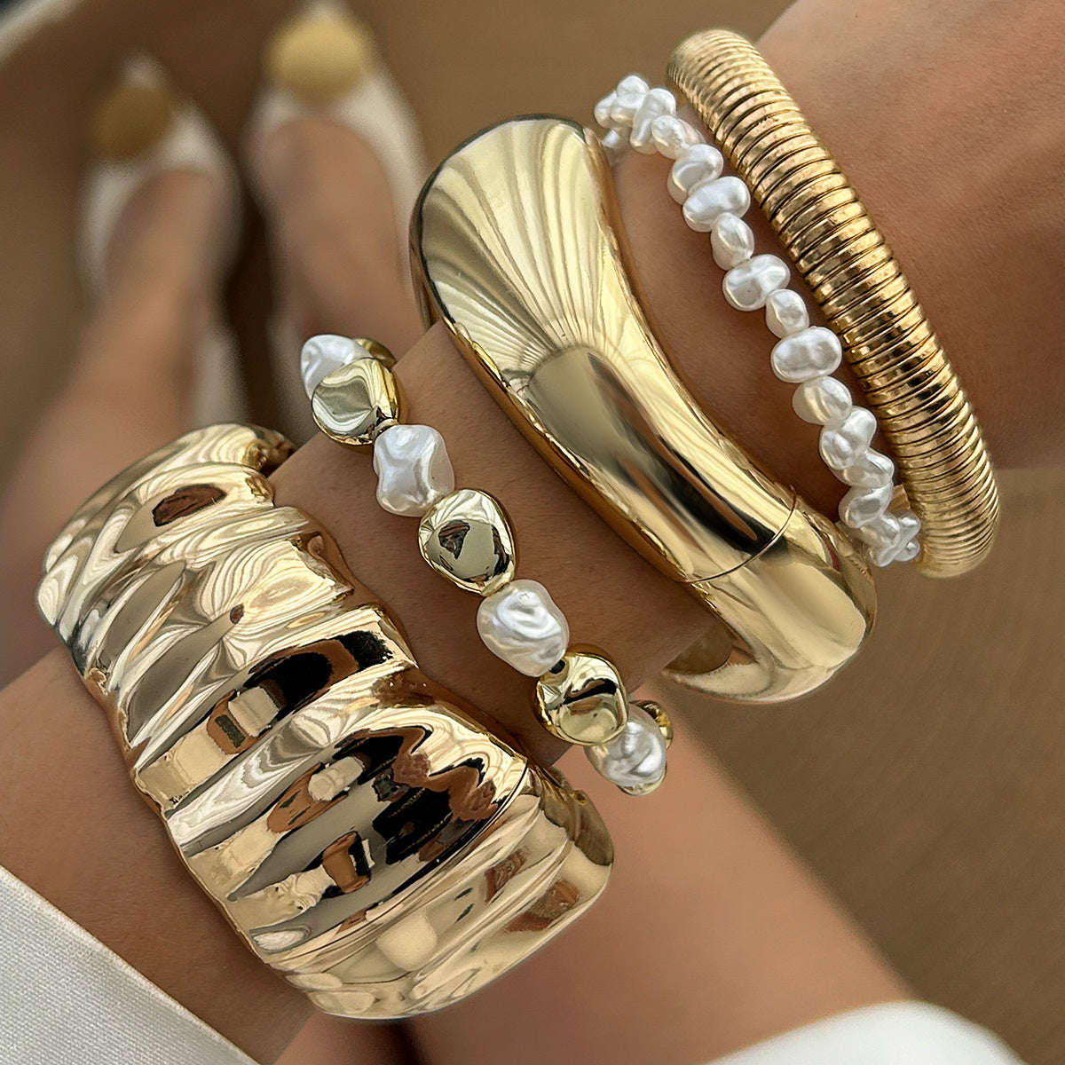 Minimalist Irregular Textured Alloy Bracelet for Women with Folded Wide Band and Electroplated Finish