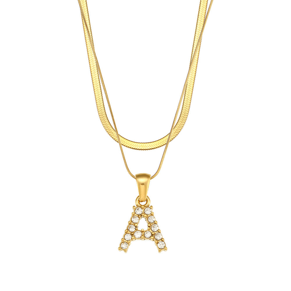 Fashionable Minimalist Letter Pendant Necklace in Stainless Steel with 18K Gold Plating and Cubic Zirconia on Double Snake Chain for Women