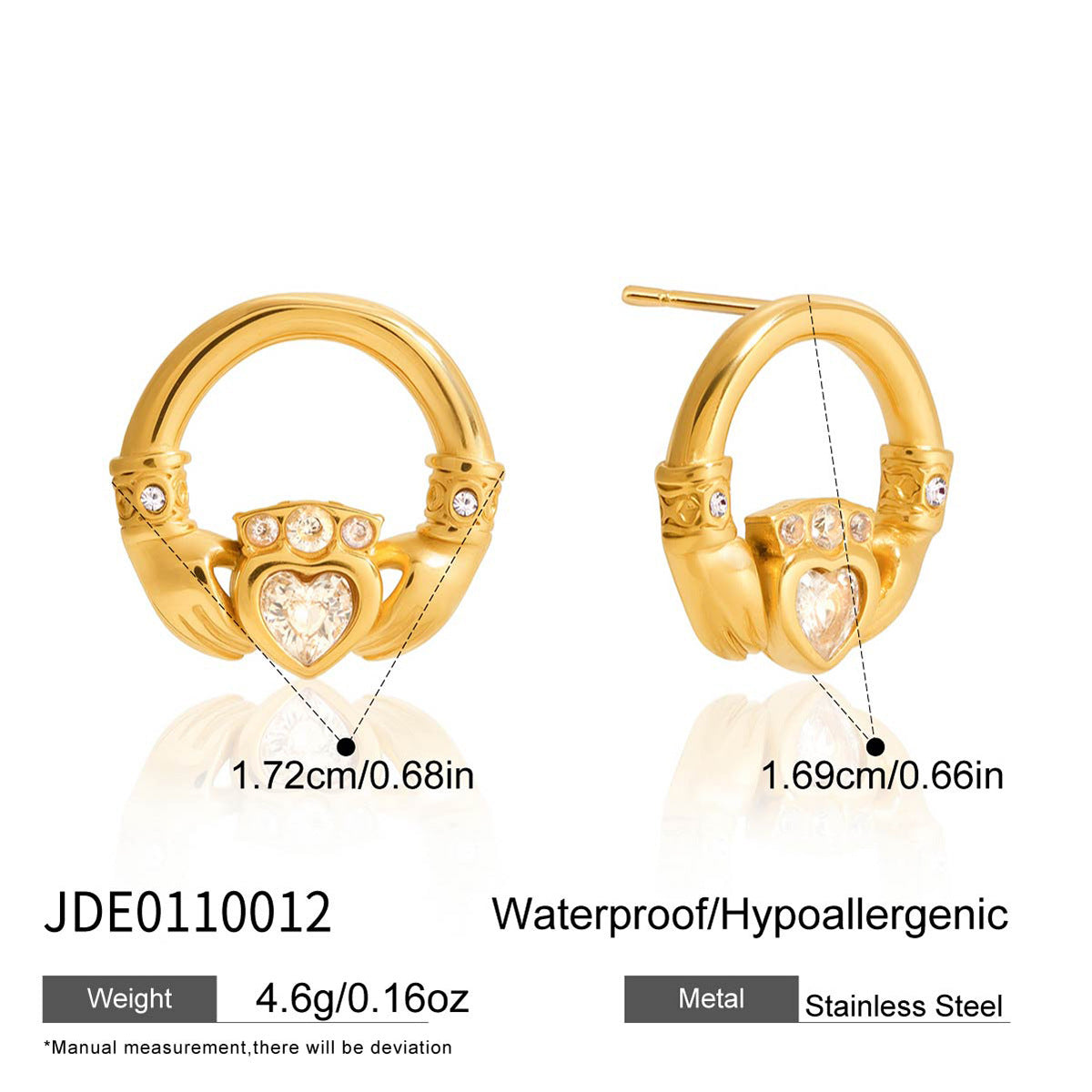 Pendientes de acero de titanio con forma de mano geométrica e incrustaciones de circonio, chapados en oro al vacío PVD, aretes modernos y elegantes para mujer