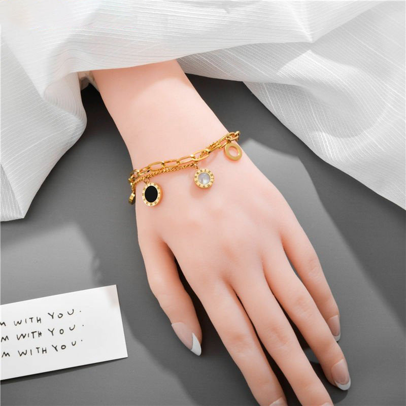 Minimalist Geometric Titanium Steel Bracelet for Women with Roman Numerals and Black White Shell Accents