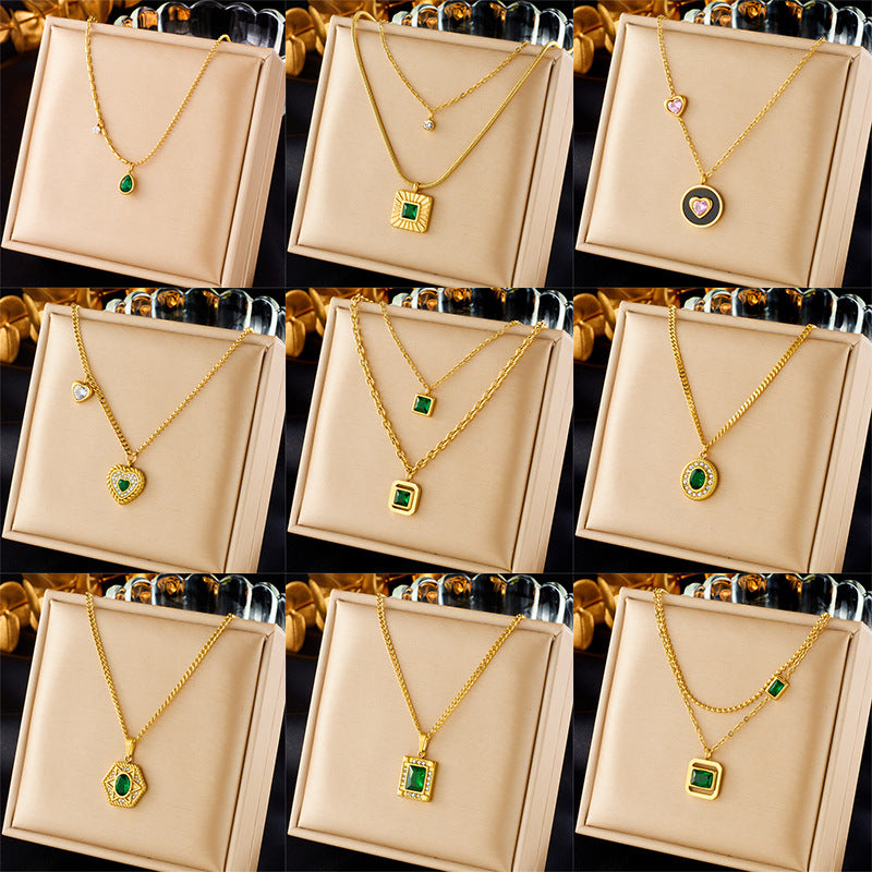 Collar con Colgante de Corazón Geométrico Minimalista Vintage con Incrustaciones de Pedrería Cadena de Acero Inoxidable con Baño de Rodio Longitud Ajustable Joyería de Moda para Mujer