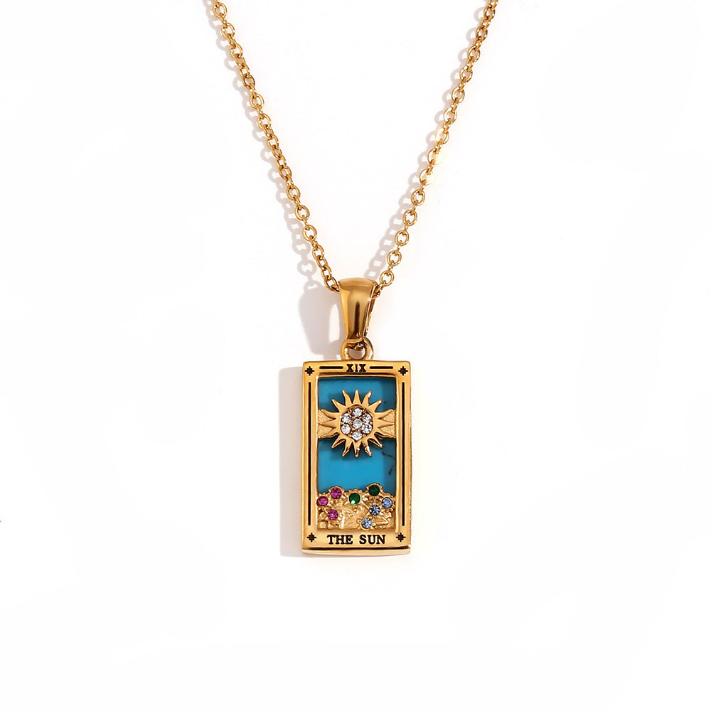 Vintage Tarot Card Pendant Necklace for Women Stainless Steel with 18K Gold Plating Geometric Four-Sided Design Fashion Office Style