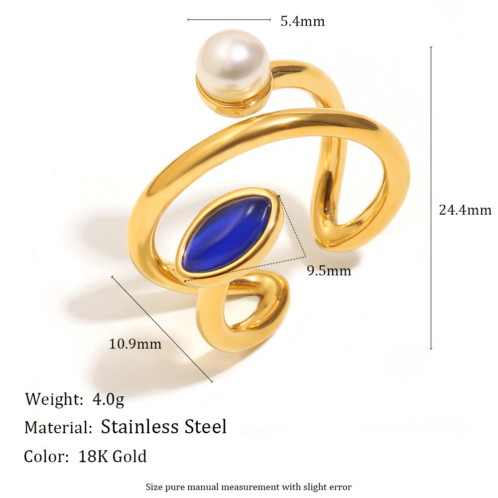 Anello Vintage di Lusso Asimmetrico Geometrico in Acciaio Inossidabile Placcato Oro 18K con Perla Sintetica e Accenti di Pietre Naturali