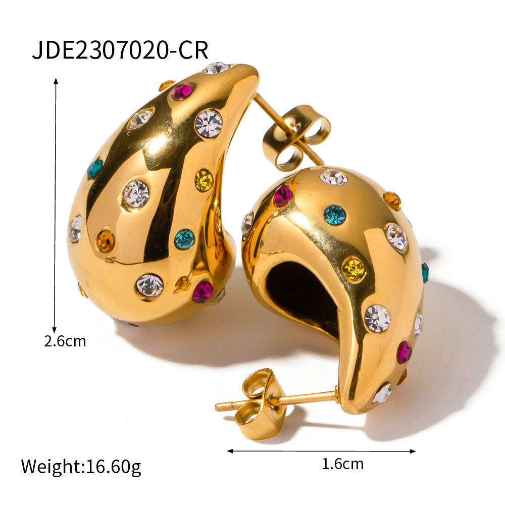 Fashionable 18K Gold Plated Geometric Water Drop Titanium Steel Earrings with Cubic Zirconia for Women