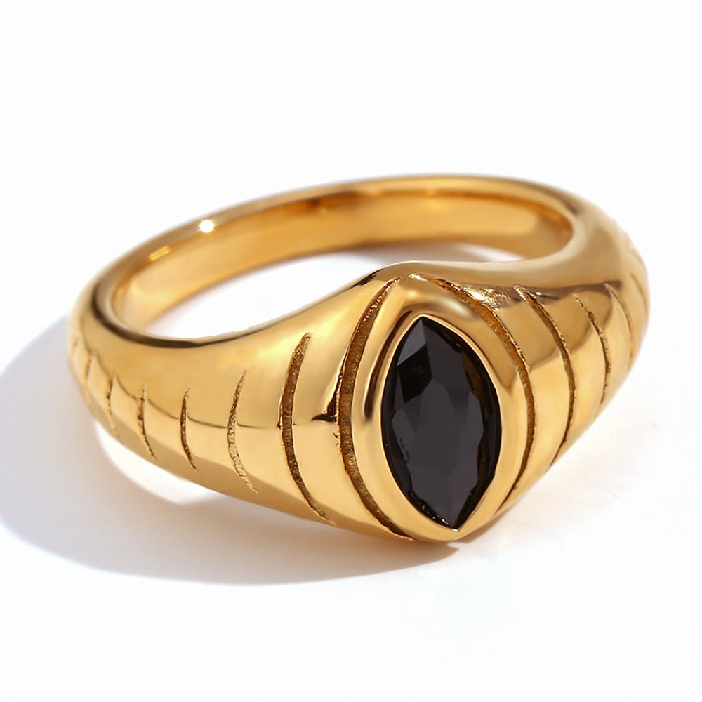 Anello da donna alla moda, vintage, geometrico, in acciaio al titanio placcato oro 18 carati con zircone nero a marquise