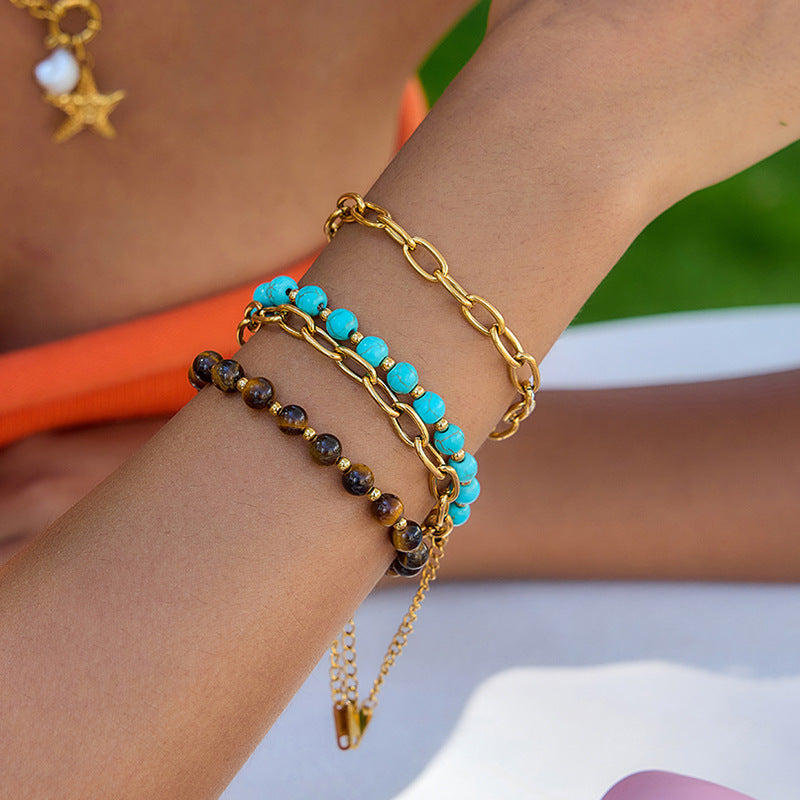 Bracciale da donna in acciaio inossidabile placcato con design geometrico minimalista e pietra occhio di tigre