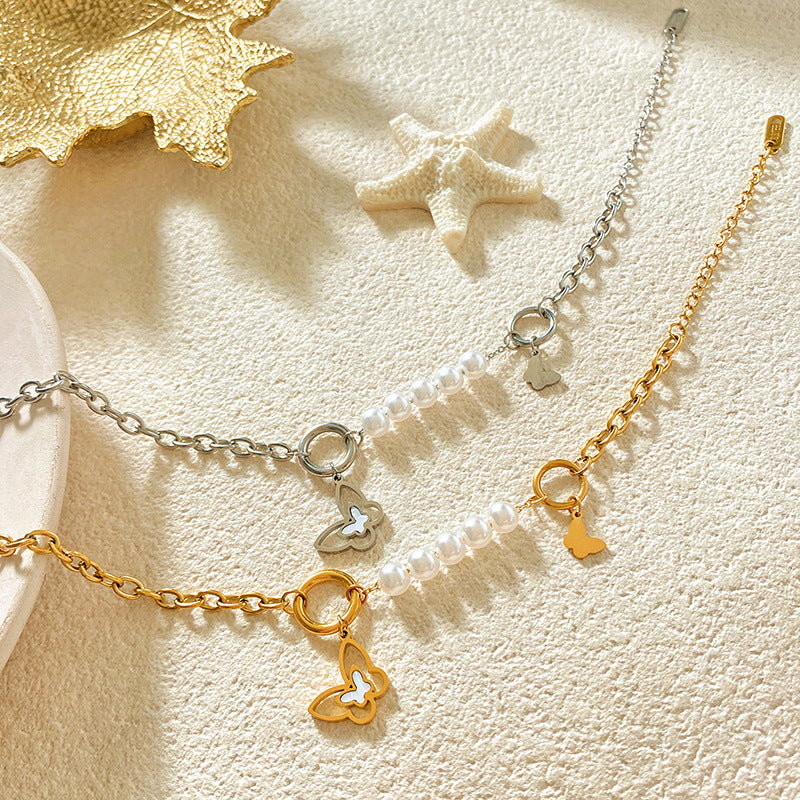 Minimalist Gold Plated Titanium Steel Butterfly Bracelet with Mother of Pearl and Pearl Inlay