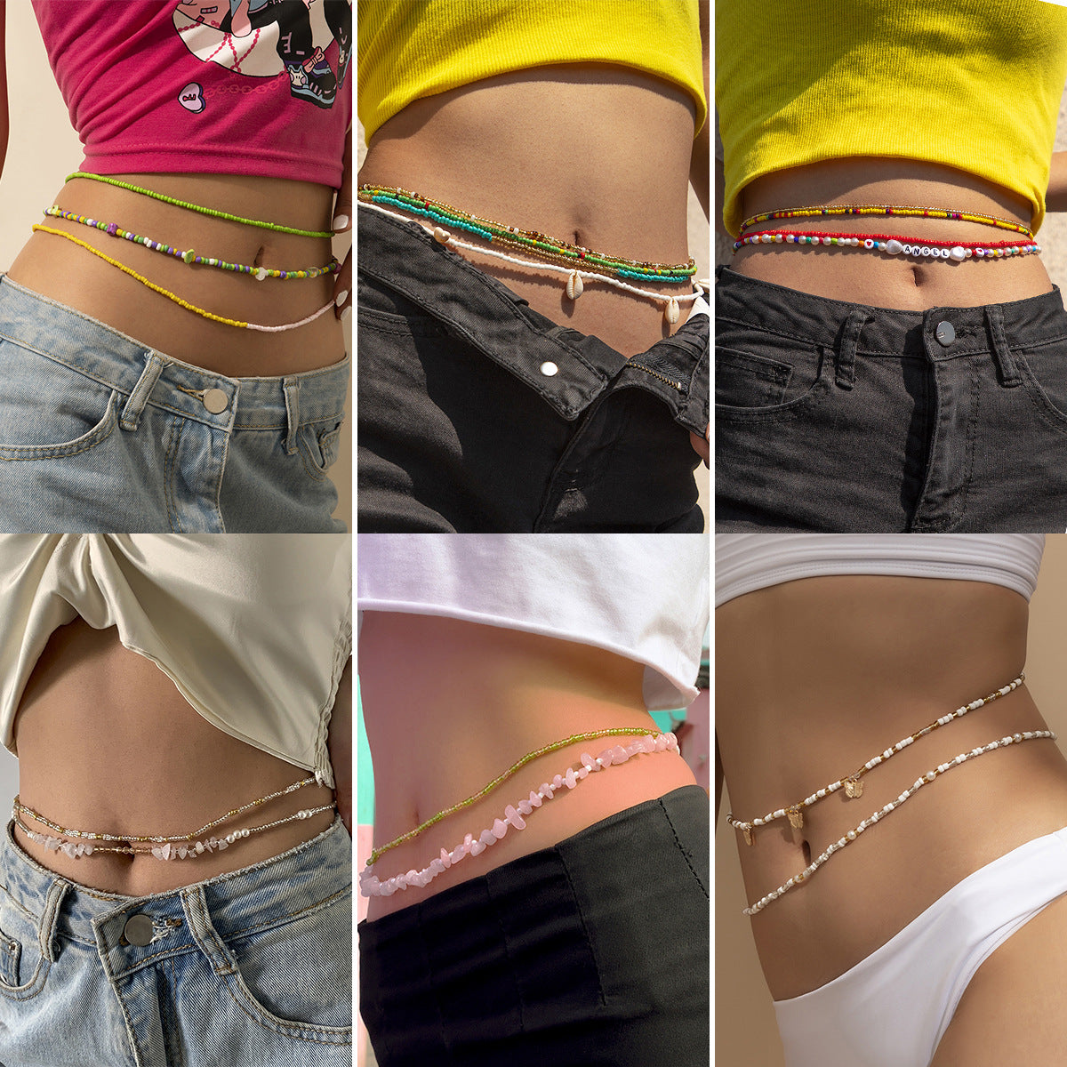 Catena per il Corpo a Strati Multipli da Donna Minimalista con Nappine a Conchiglia, Perline Elastiche e Vita Regolabile