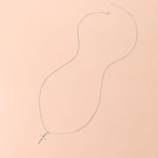 Collar largo minimalista a capas con colgante geométrico de cruz de aleación con acabado chapado para mujer