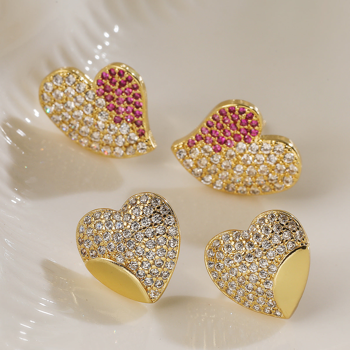 Minimalist Luxury 18K Gold Plated Brass Heart Stud Earrings with Cubic Zirconia