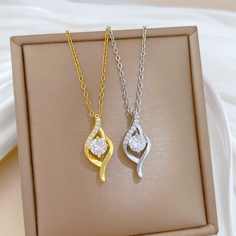 Minimalist Sweet Geometric Titanium Steel Necklace with Rhinestone Inlay Brass Pendant for Unisex