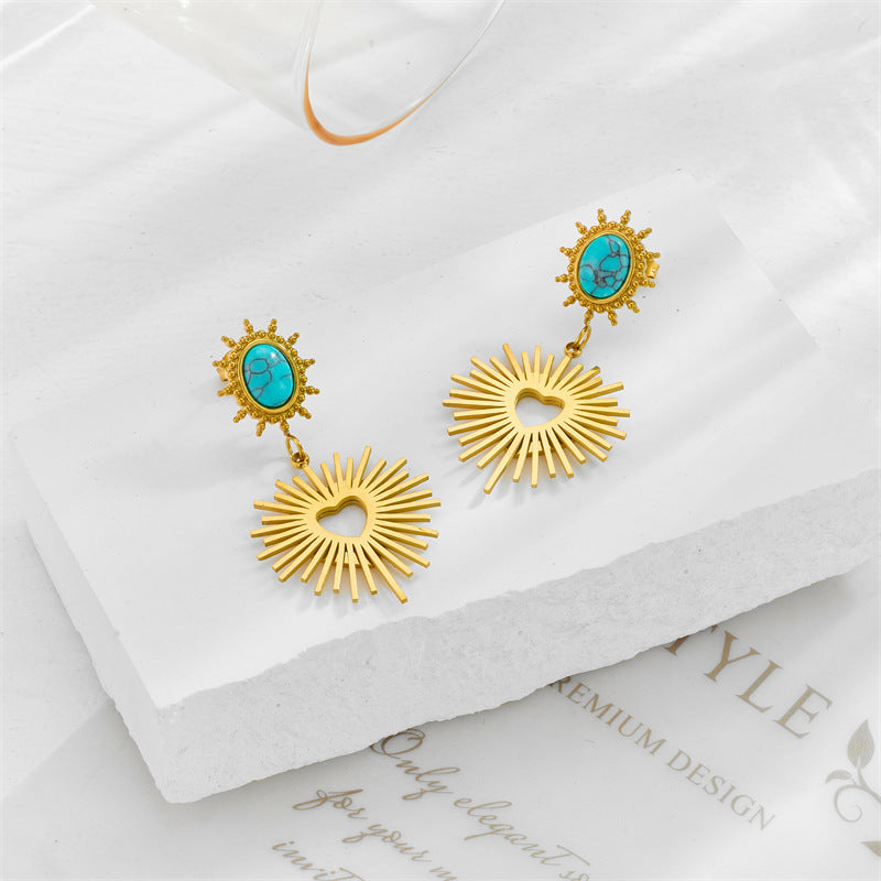 Orecchini vintage a forma di sole e cuore geometrici irregolari color turchese in acciaio al titanio con finitura galvanica