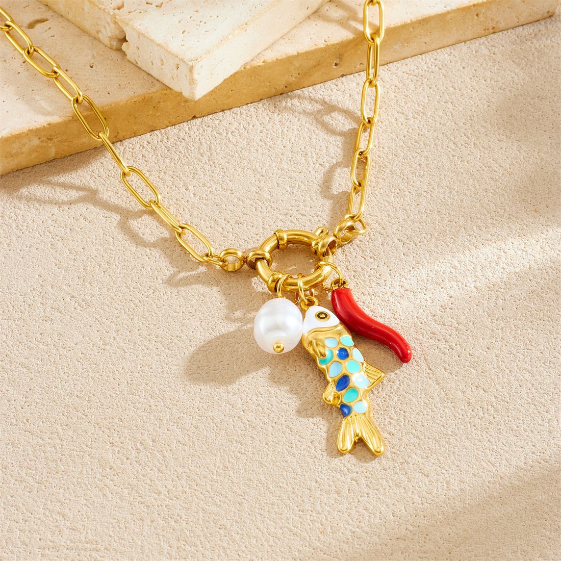 Colorful Drip Oil Fish Pendant with Imitation Pearl Stainless Steel Curb Chain Necklace for Women