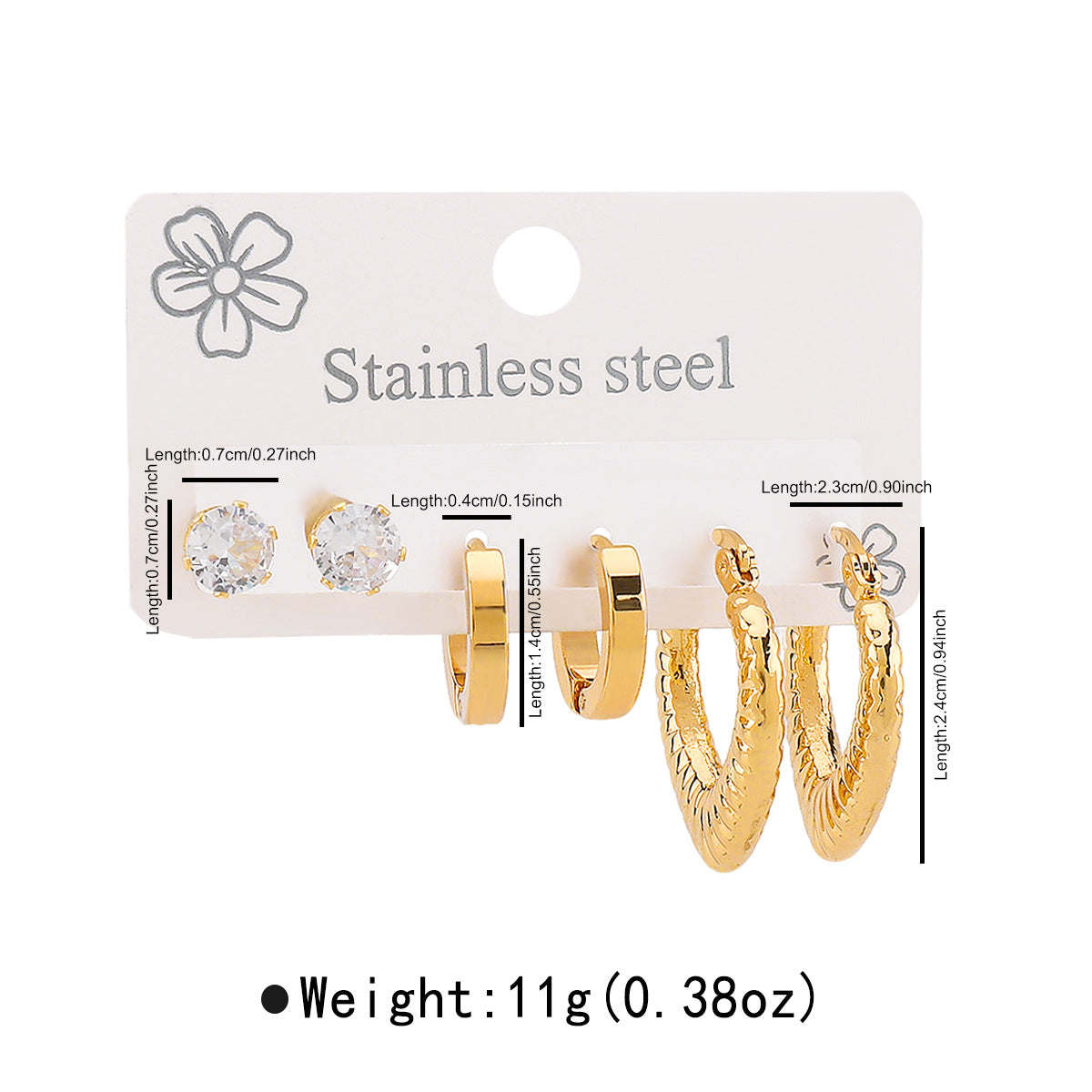 Aretes Minimalistas Geométricos de Acero Inoxidable Bañados en Oro de 14K con Detalles de Pedrería