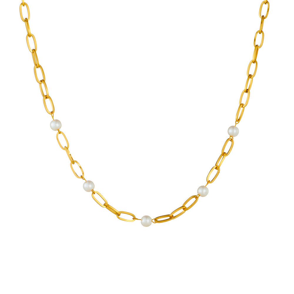Fashion Gold Plated Stainless Steel Curb Chain Necklace with Pearl Accent for Women