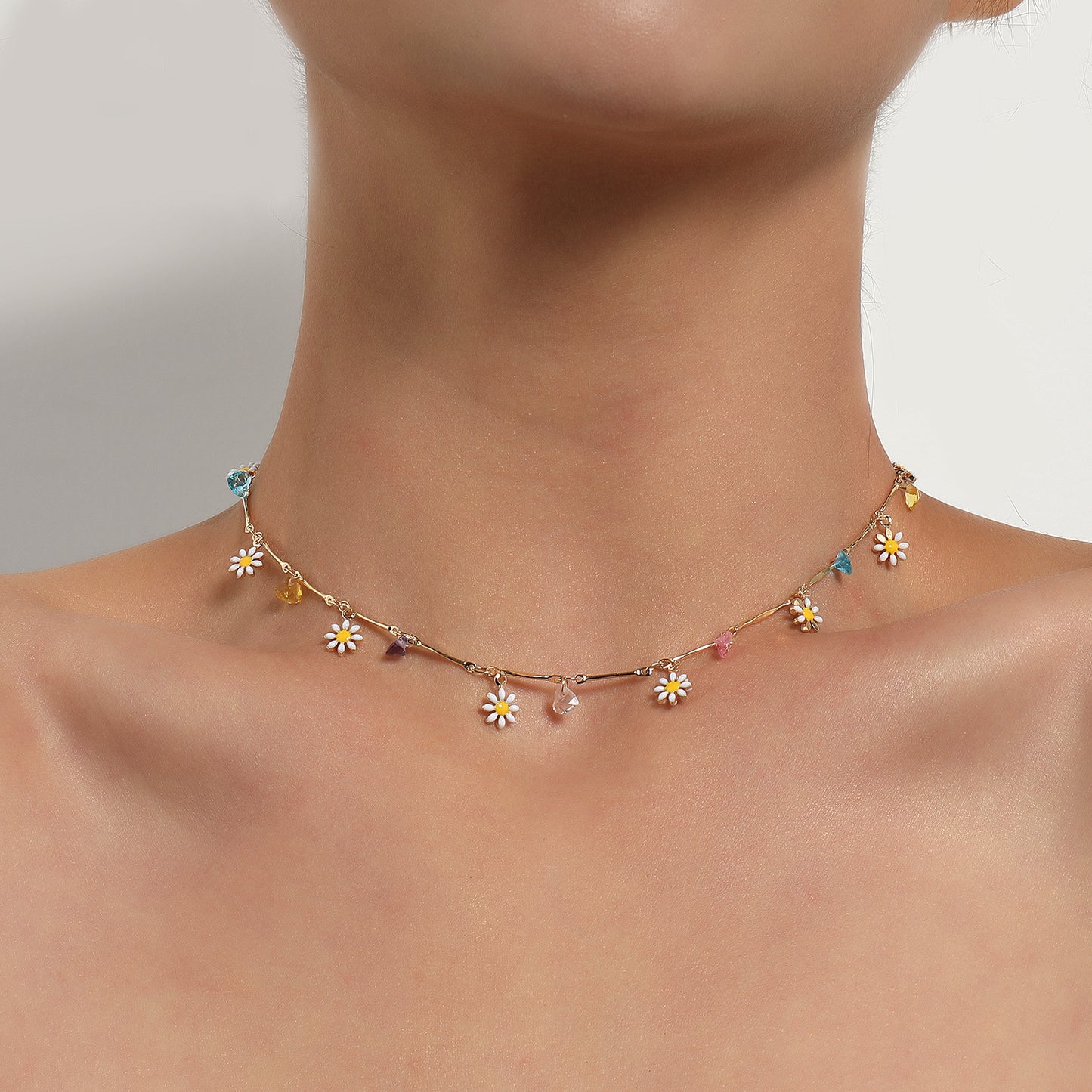 Colorful Gemstone Straight Tube Handmade Chain Necklace for Women, Floral Design Minimalist European Style Jewelry