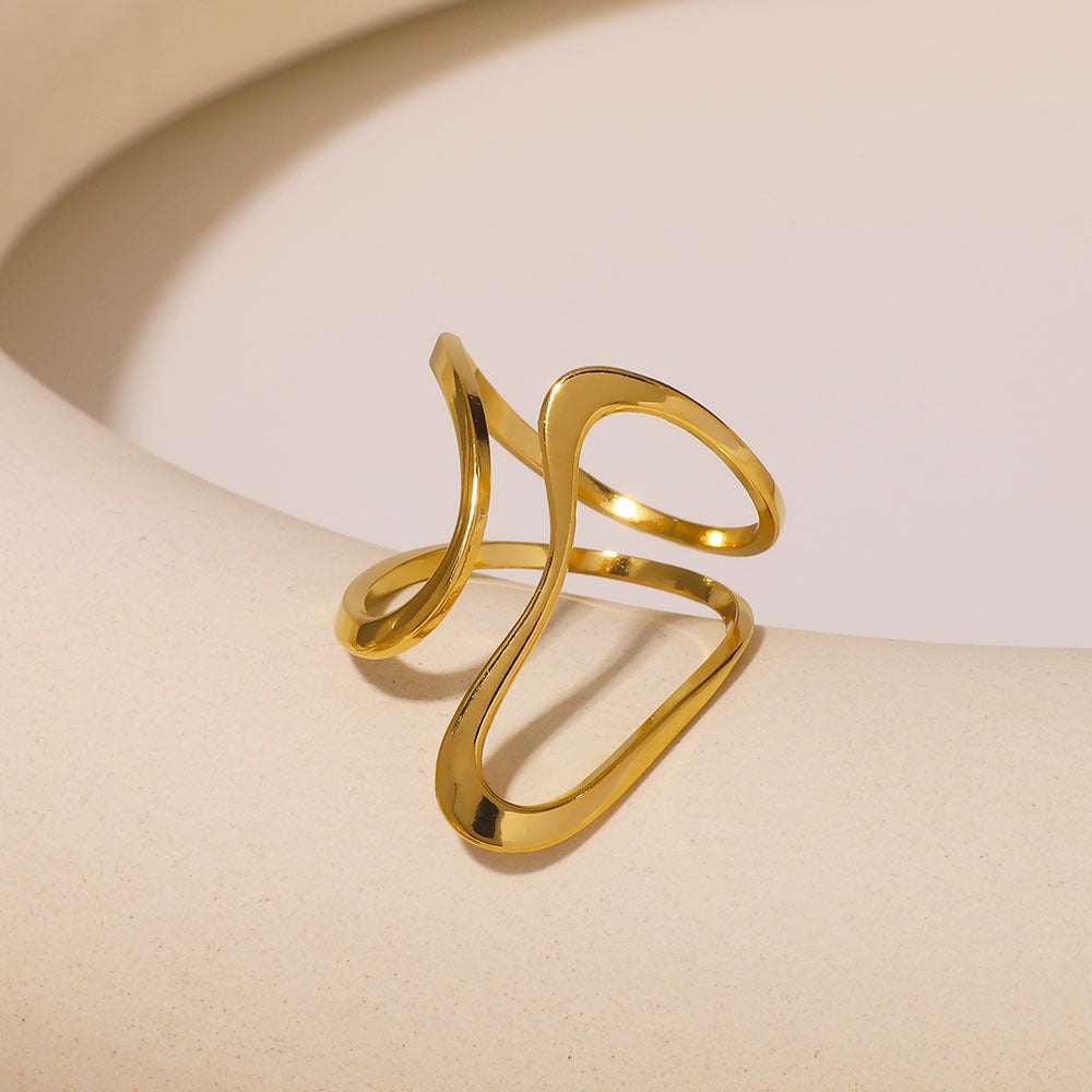 Asymmetrical Geometric Hollow Ring in Stainless Steel with 18K Gold Plating for Women and Men