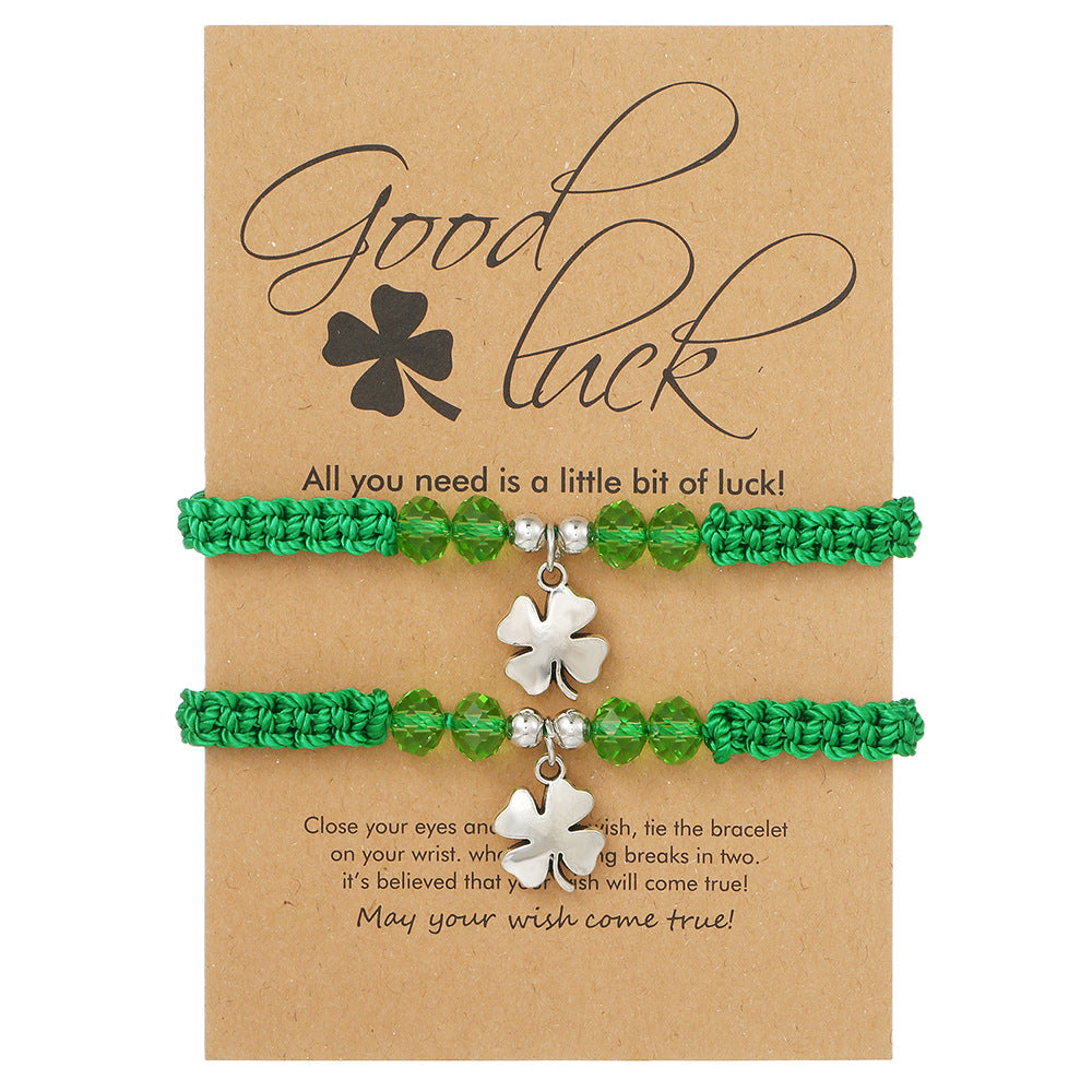 Green Four-Leaf Clover Stainless Steel Woven Bracelet for Women and Men