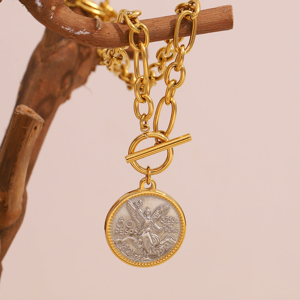Collana Vintage con Moneta a Forma di Angelo Geometrico da Donna in Acciaio Inossidabile Placcato Oro 18K