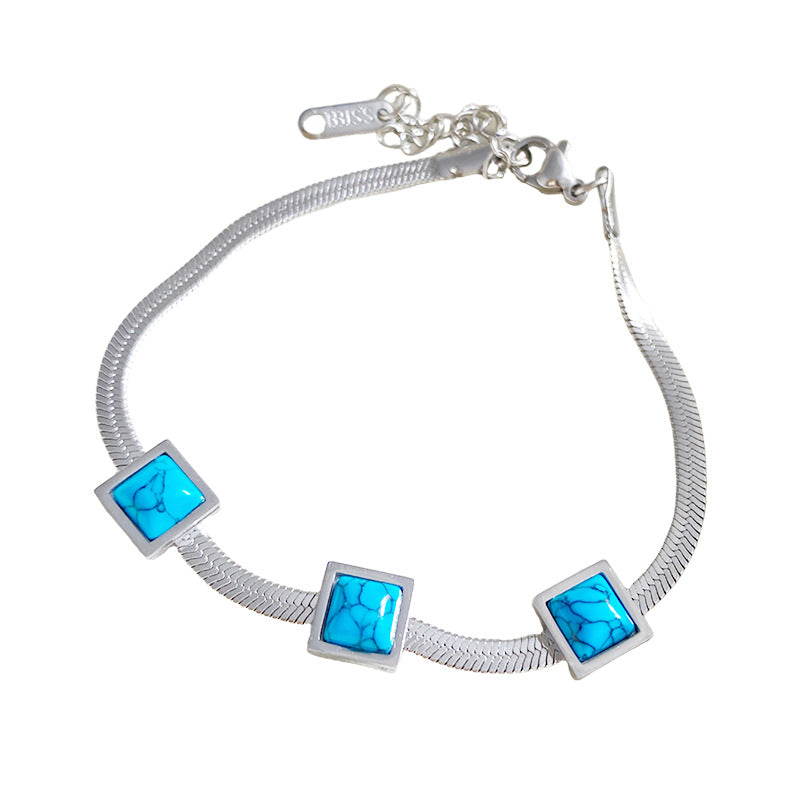 Minimalist Gold Plated Titanium Steel Square Bracelet with Three Turquoise Stones for Unisex