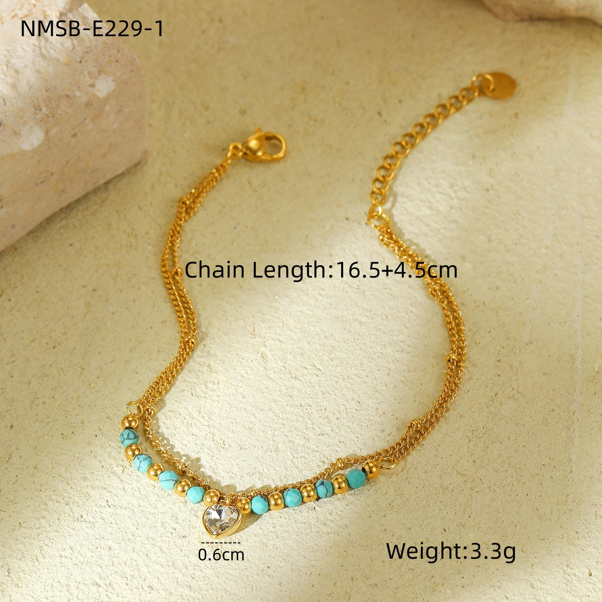 Elegante Bracciale da Donna a Cuore con Pietra Naturale Blu e Zirconi su Catena in Acciaio al Titanio