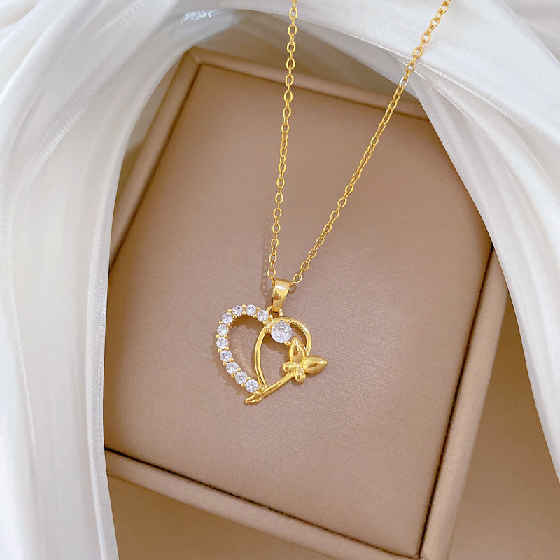 Geometric Heart Butterfly Pendant Necklace for Women in Titanium Steel with Micro-Pave Rhinestone Accents, Minimalist Fresh and Sweet Style Clavicle Chain