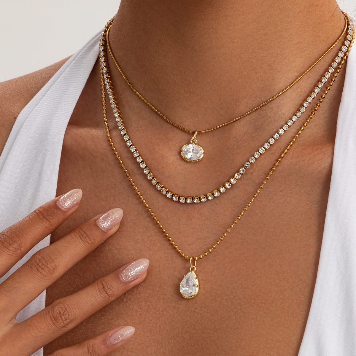 18K Gold Plated Stainless Steel Teardrop Cubic Zirconia Pendant Necklace for Women Layered Chain