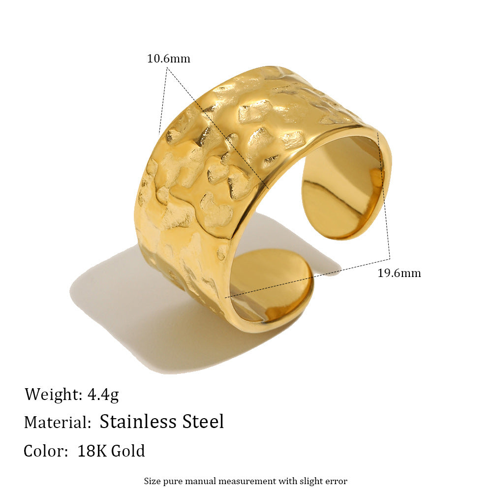 Minimalist 18K Gold Plated Geometric Hammered Textured Wide Band Open Ring for Women