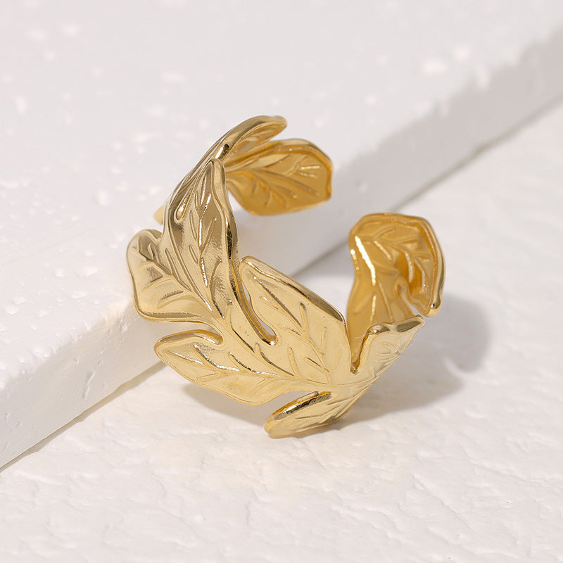Minimalist Leaf-Shaped Stainless Steel Ring with Plated Finish for Women Tropical Vacation Style