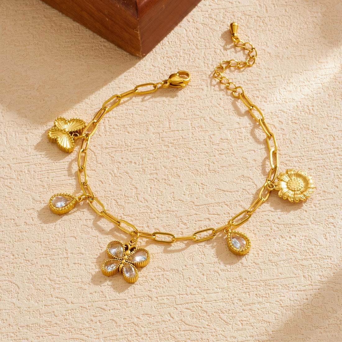 Gold Plated Rhinestone Butterfly Teardrop Pendant Stainless Steel Curb Chain Jewelry Set for Women