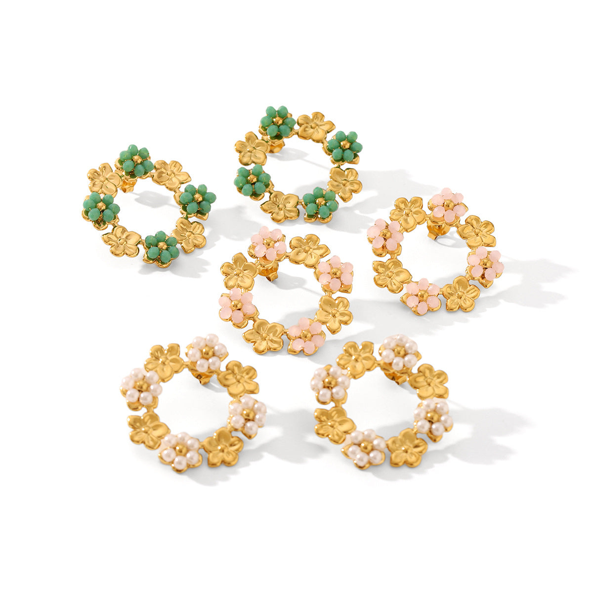 Floral Pearl Stud Earrings with Stainless Steel Hoop and 18K Gold Plating for Women