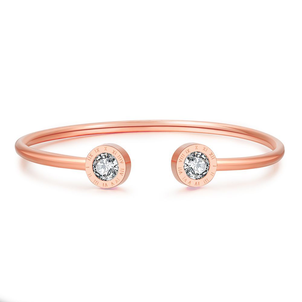 Geometric Round Titanium Steel C-Shape Open Bangle with Cubic Zirconia Roman Numerals for Women