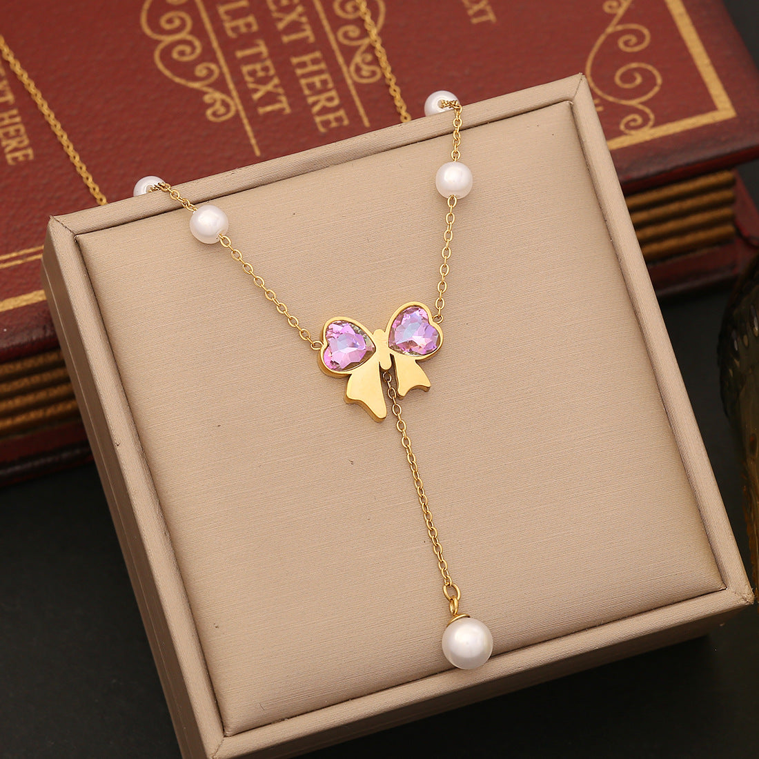 Fashionable Bowknot Pendant Necklace Set in Stainless Steel with Plated Finish for Women, Snake Chain Locket Necklace