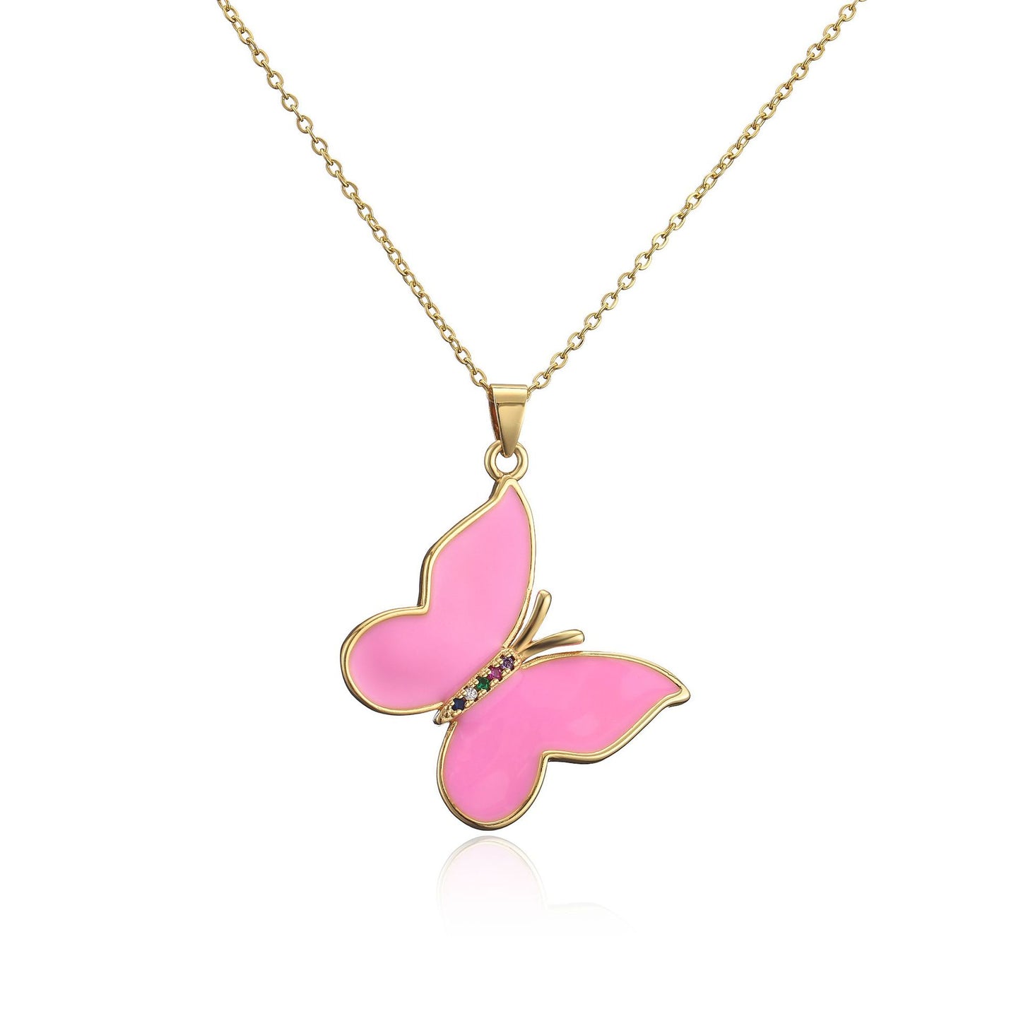 Sweet Solid Color Drip Oil Butterfly 18K Gold Plated Brass Necklace with Cubic Zirconia