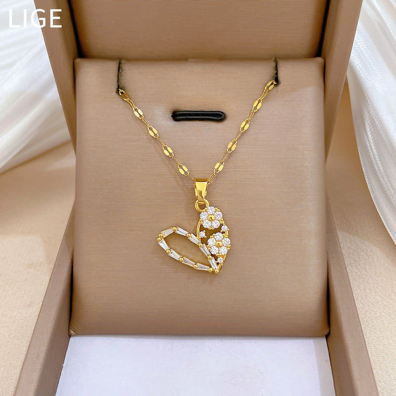 Sweet Minimalist Heart Geometric Rhinestone Titanium Steel Necklace for Unisex