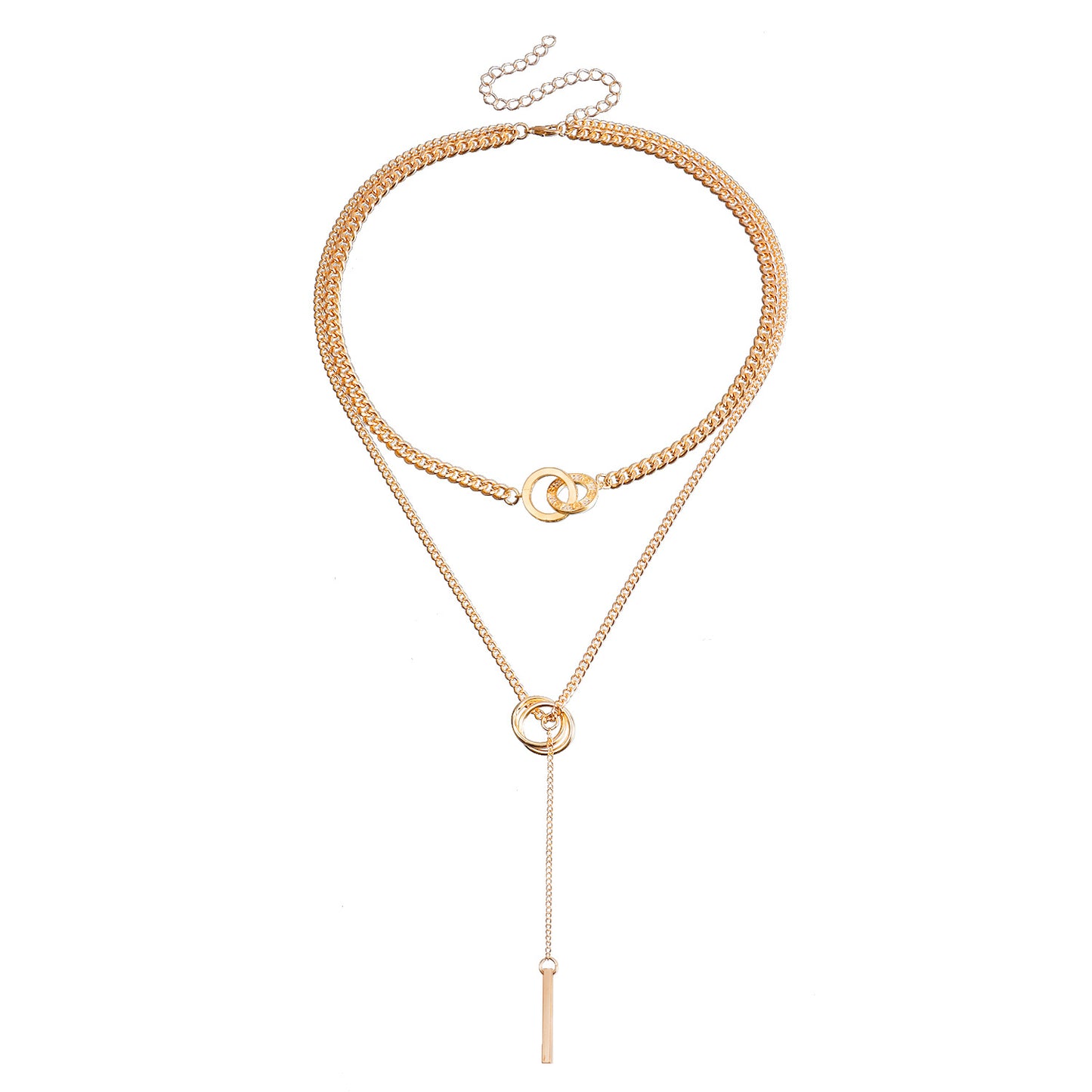 Fashionable Geometric Pendant Necklace for Women with Double Circle Locket Design, Tassel Drop, Electroplated Alloy Chain, Sweater Chain Style