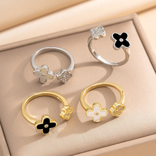 Minimalist Floral Four-Leaf Clover Open Adjustable Ring for Women in Gold-Plated Copper with Delicate Shell-Inspired Design