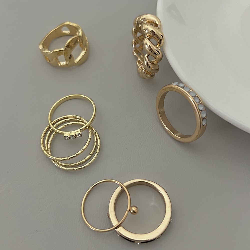 Vintage Bohemian Geometric Round Drip Oil Plated Alloy Ring Set with Rhinestone Crystal Gemstone Inlay for Women and Men