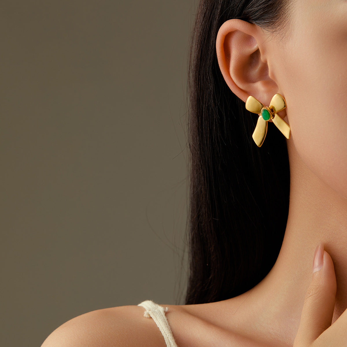 Orecchini Vintage a Fiocco in Acciaio Inossidabile con Placcatura in Oro 18K e Intarsio in Pietra Naturale da Donna